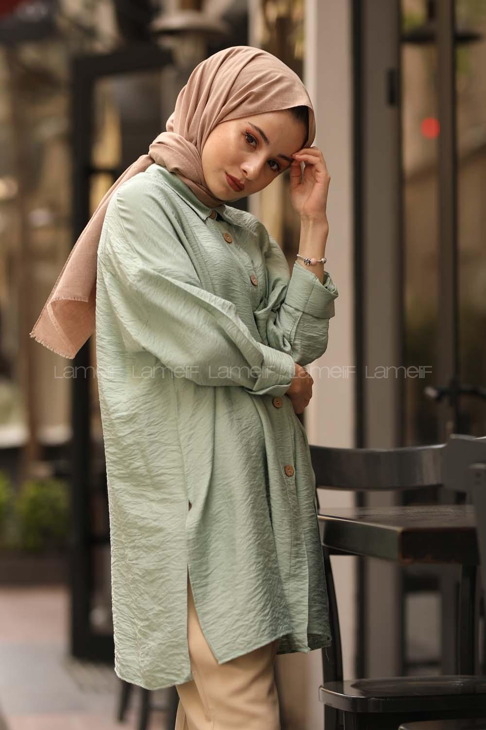 Modalamelif Petrol Ham Keten Gömlek