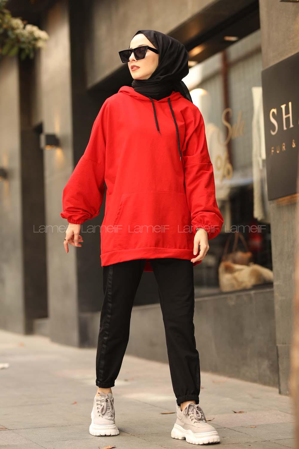 Lamelif  Karpuz Kol Sweatshirt Kırmızı