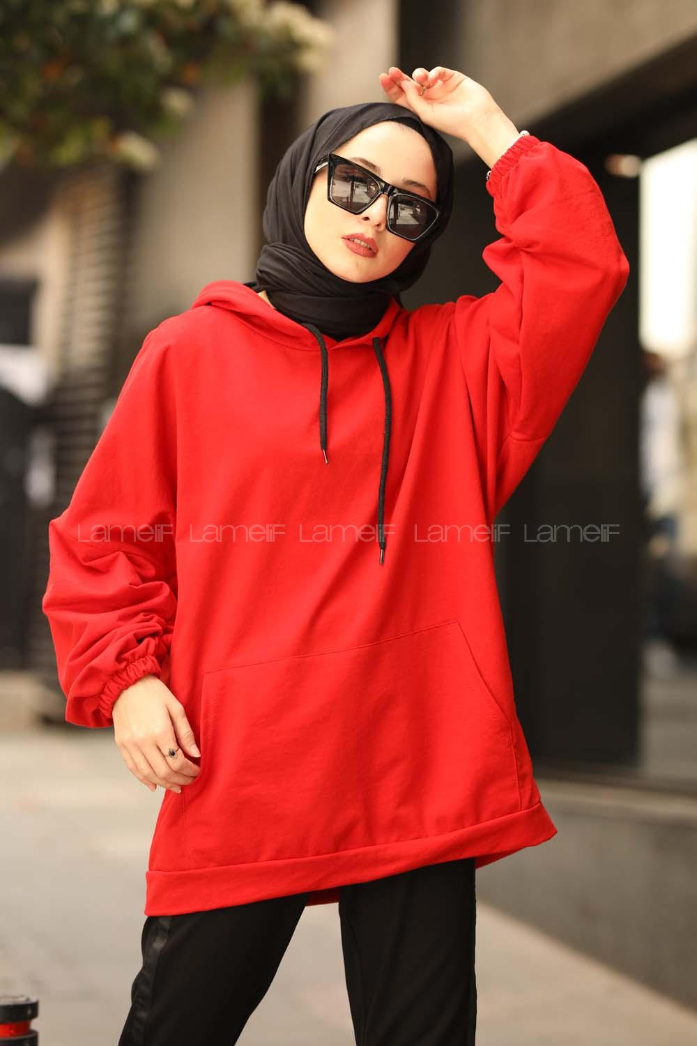 Lamelif  Karpuz Kol Sweatshirt Kırmızı