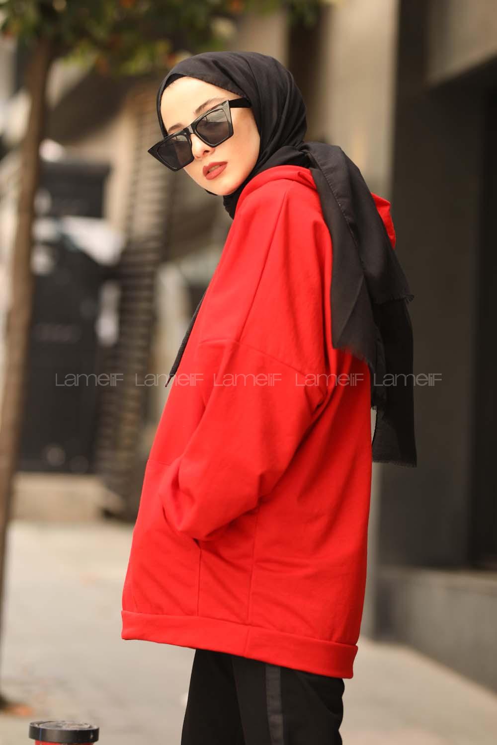 Lamelif  Karpuz Kol Sweatshirt Kırmızı