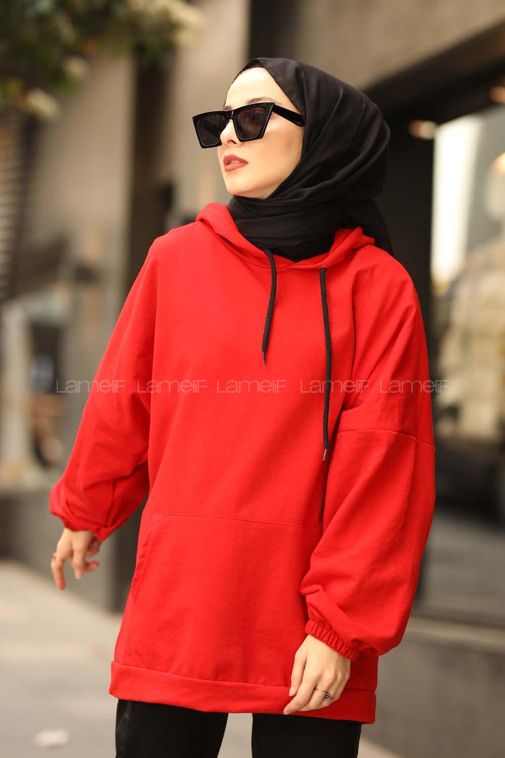 Lamelif  Karpuz Kol Sweatshirt Kırmızı