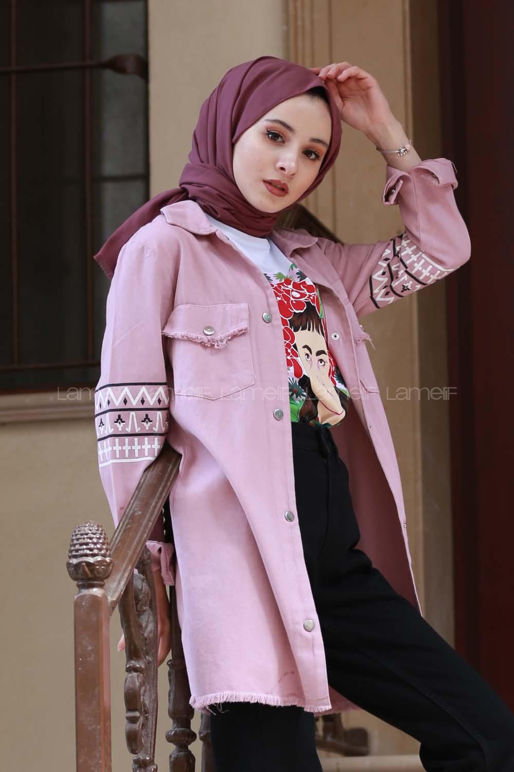 Modalamelif Pudra Kol Şeritli Kot Ceket