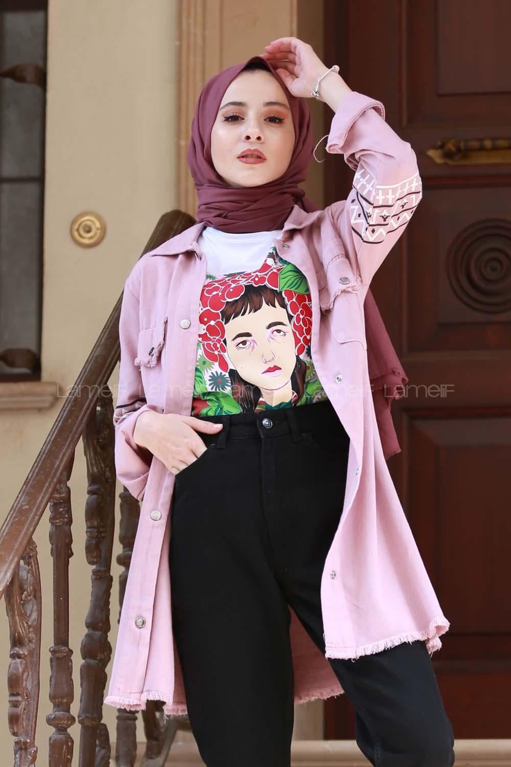 Modalamelif Pudra Kol Şeritli Kot Ceket