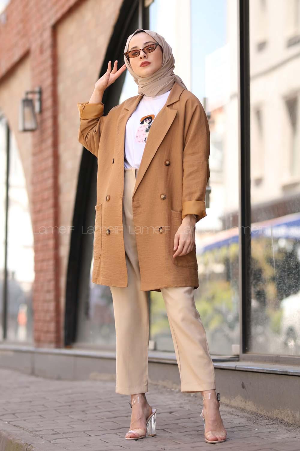 Modalamelif Tahta Düğmeli Blazer Camel