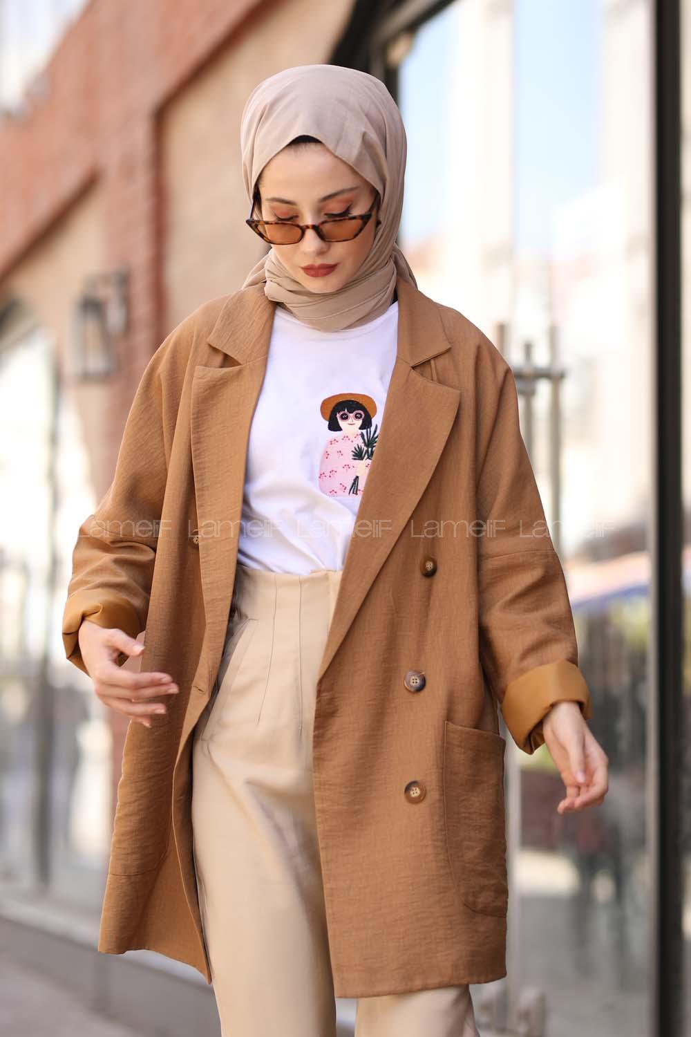 Modalamelif Tahta Düğmeli Blazer Camel