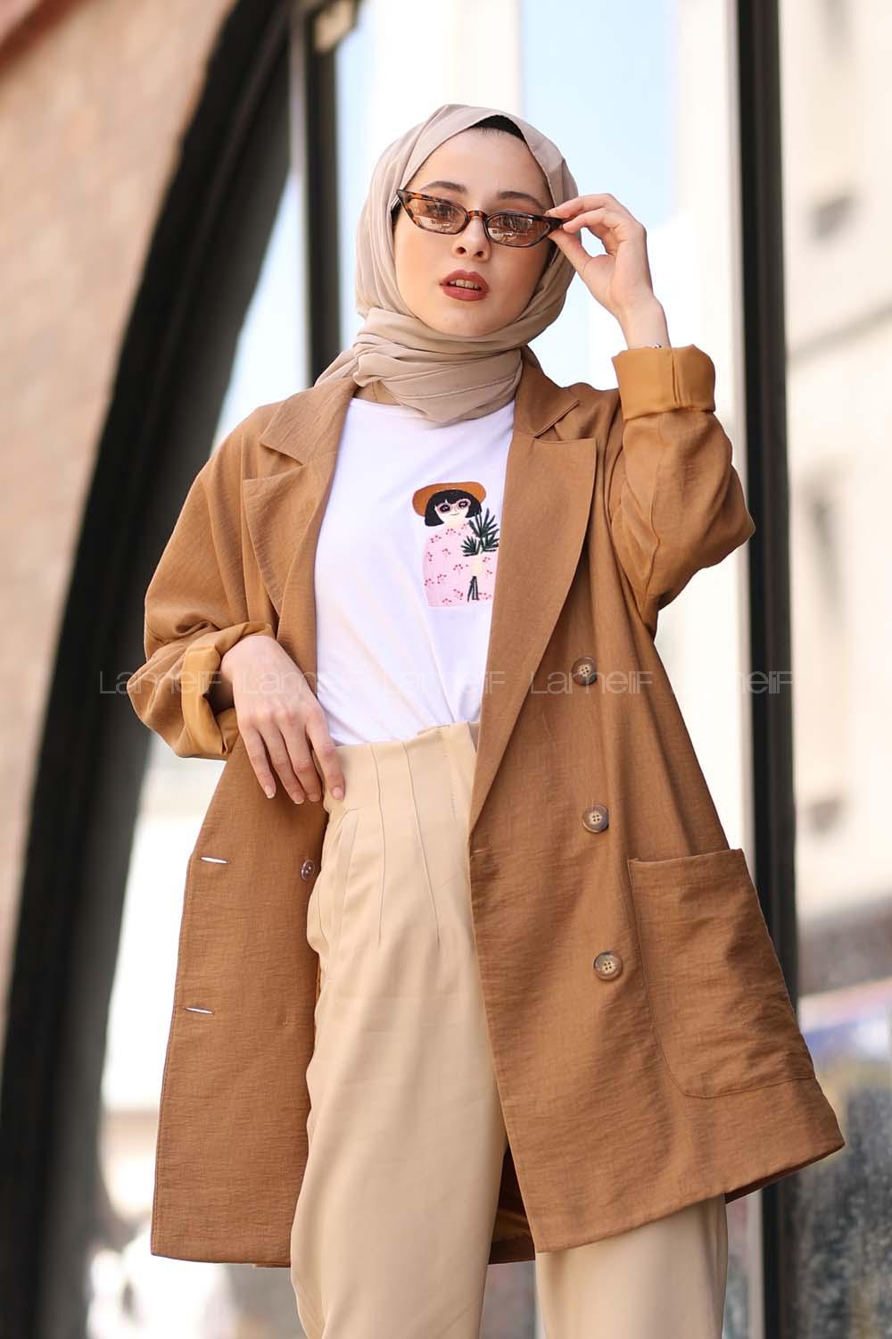 Modalamelif Tahta Düğmeli Blazer Camel