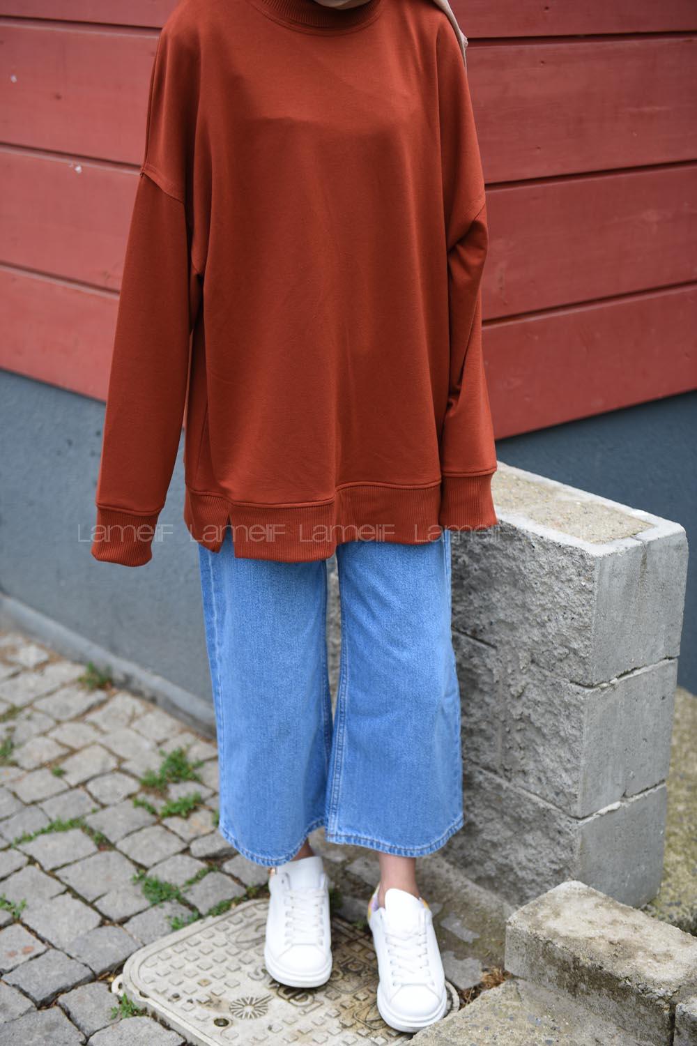 Modalamelif Düz Renkli Dikişli Sweatshırt Kiremit