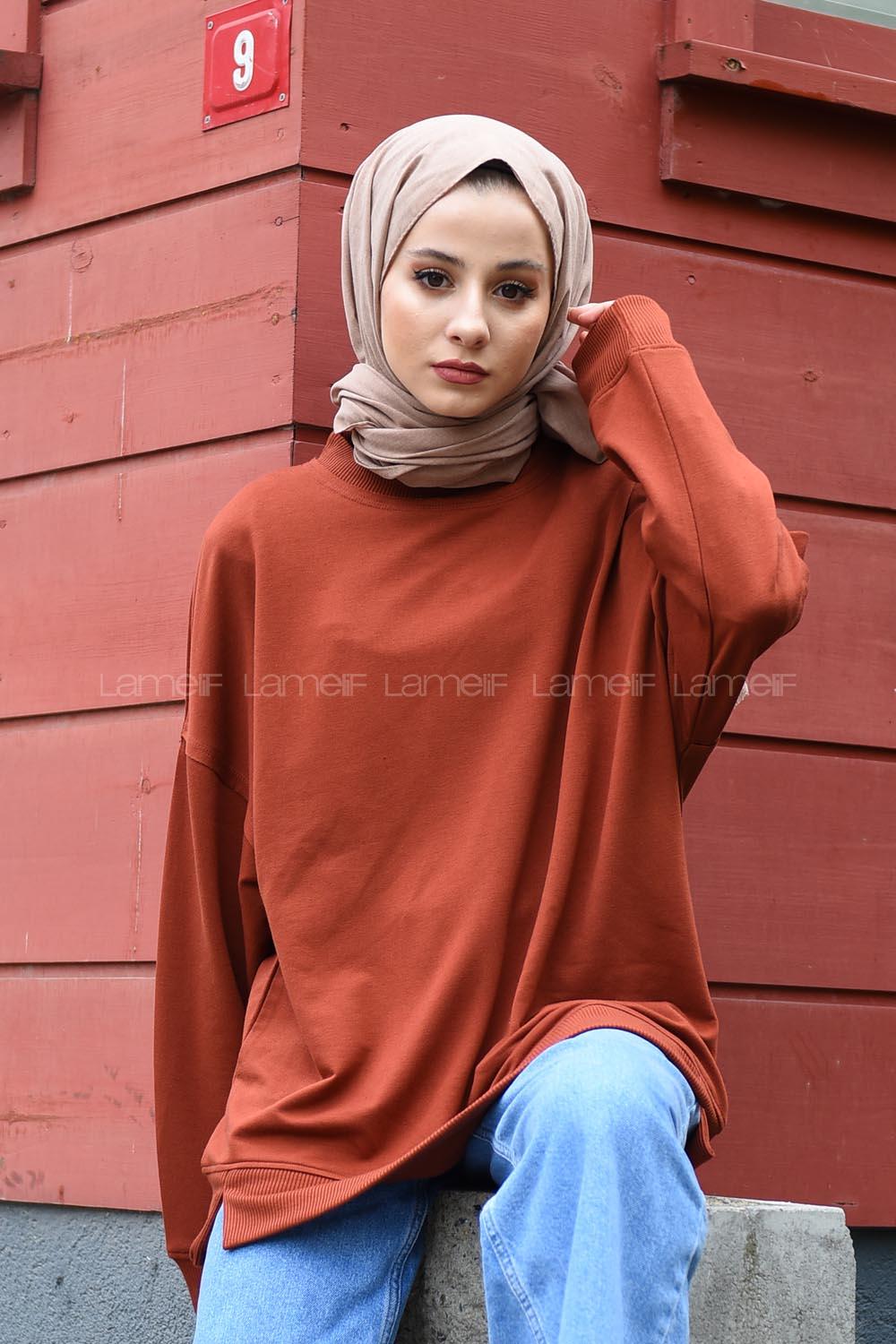 Modalamelif Düz Renkli Dikişli Sweatshırt Kiremit