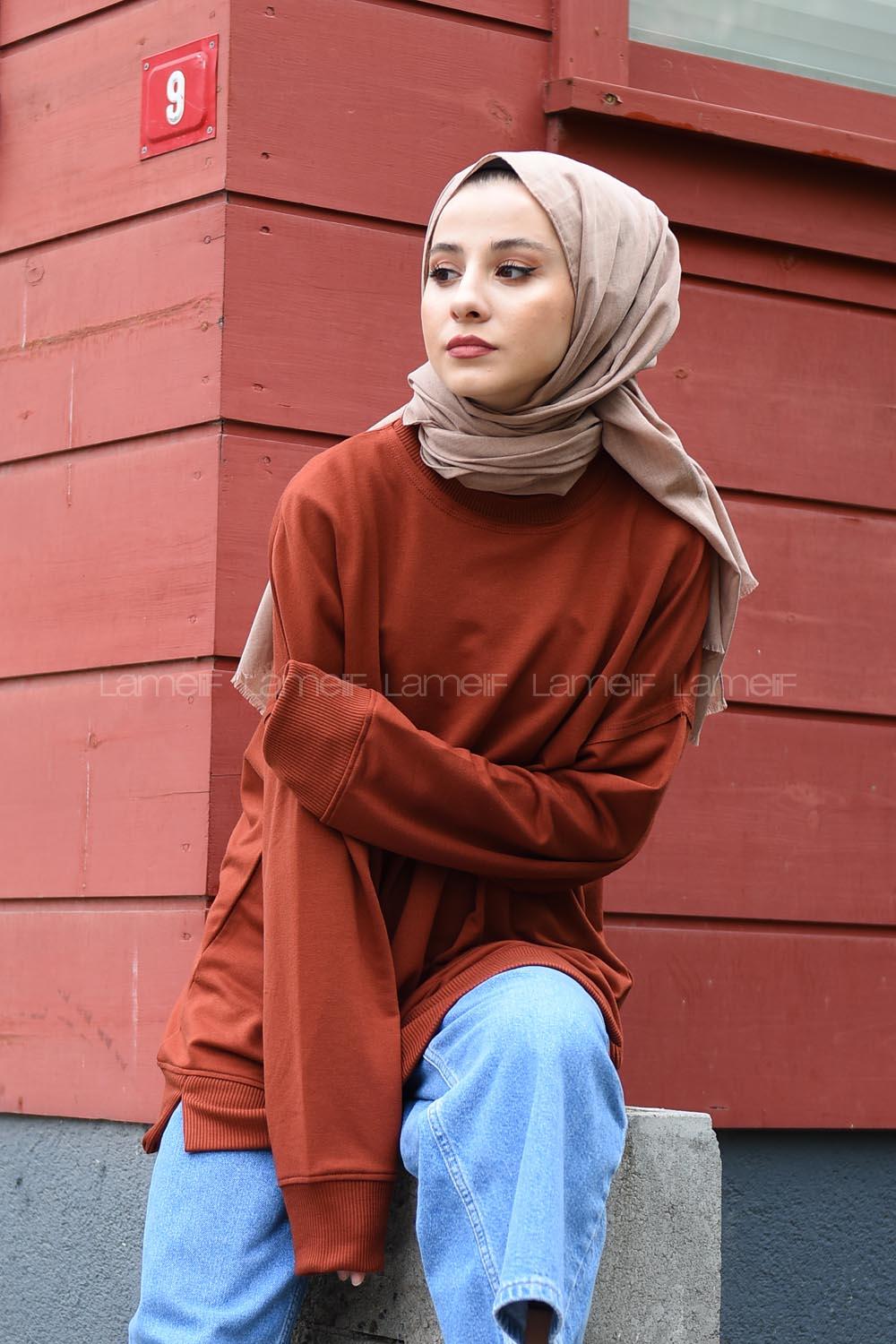 Modalamelif Düz Renkli Dikişli Sweatshırt Kiremit