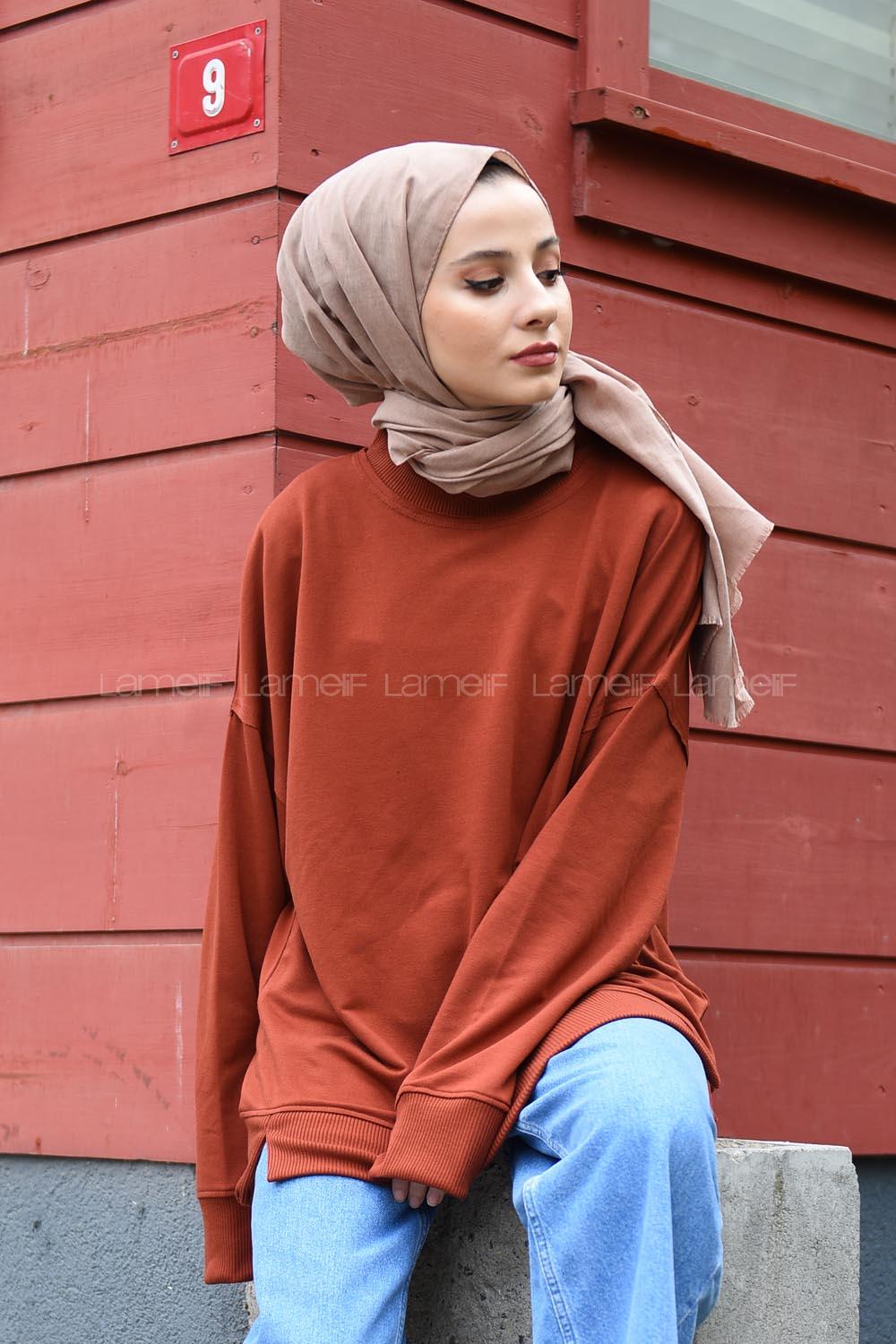 Modalamelif Düz Renkli Dikişli Sweatshırt Kiremit