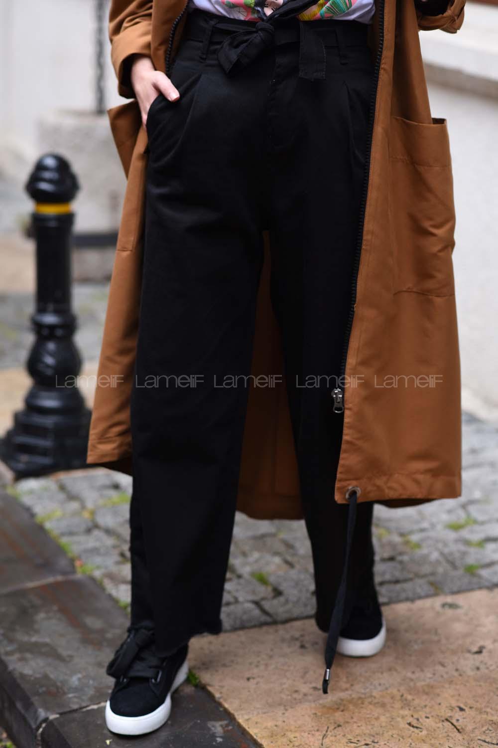 Modalamelif Kemer Detaylı Geniş Paça Pantolon Siyah