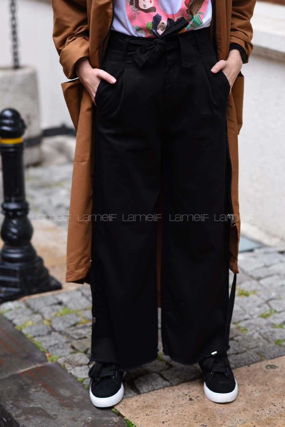 Modalamelif Kemer Detaylı Geniş Paça Pantolon Siyah