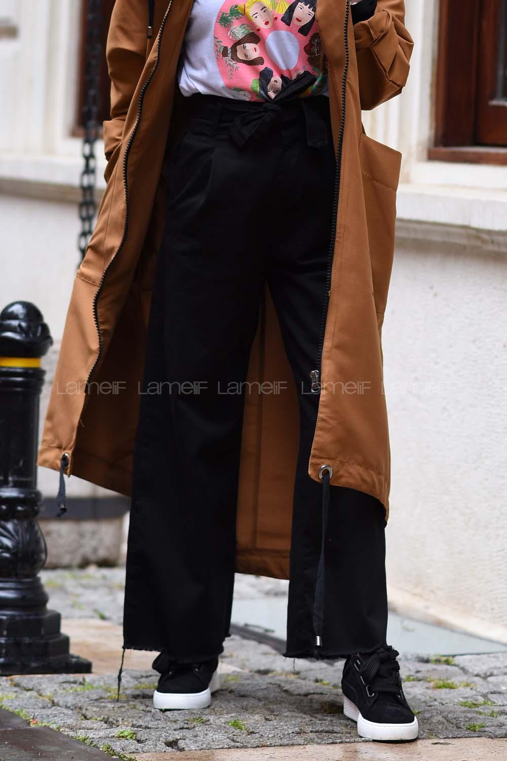 Modalamelif Kemer Detaylı Geniş Paça Pantolon Siyah