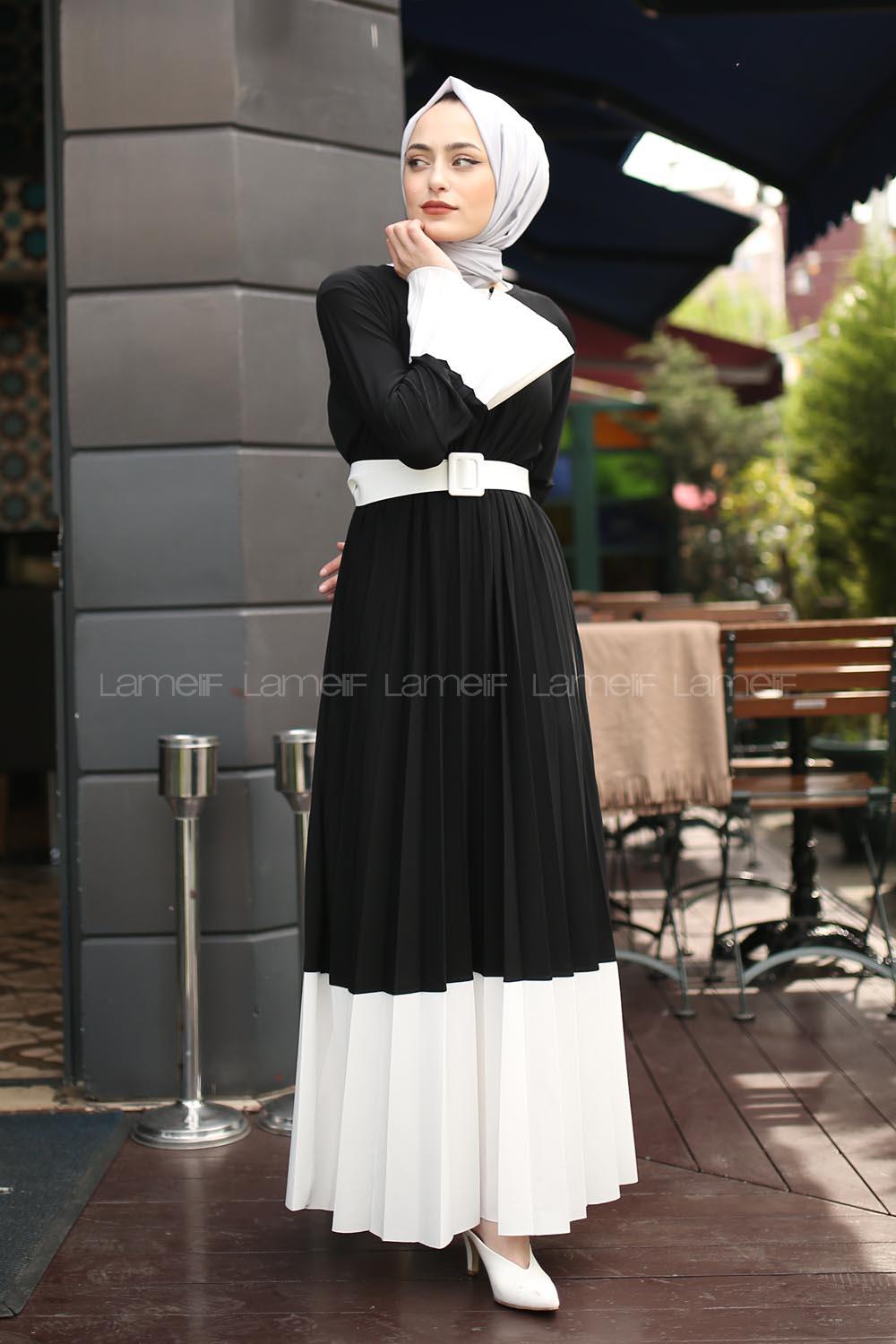 Modalamelif Siyah Çingene Model Beyaz Geçişli Kemerli Elbise