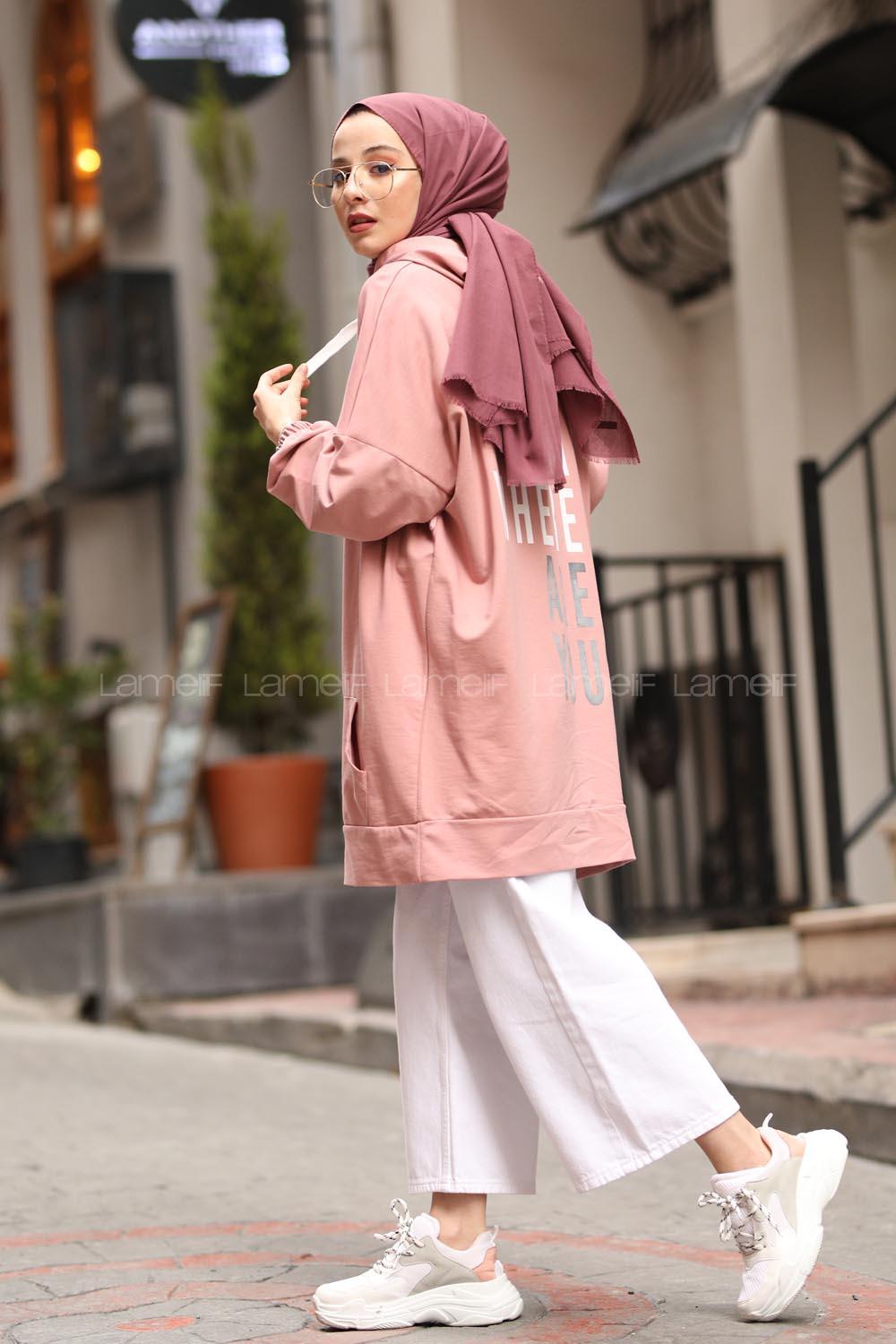 Modalamelif Salaş Kapşonlu Arka Yazılı Sweat Pudra