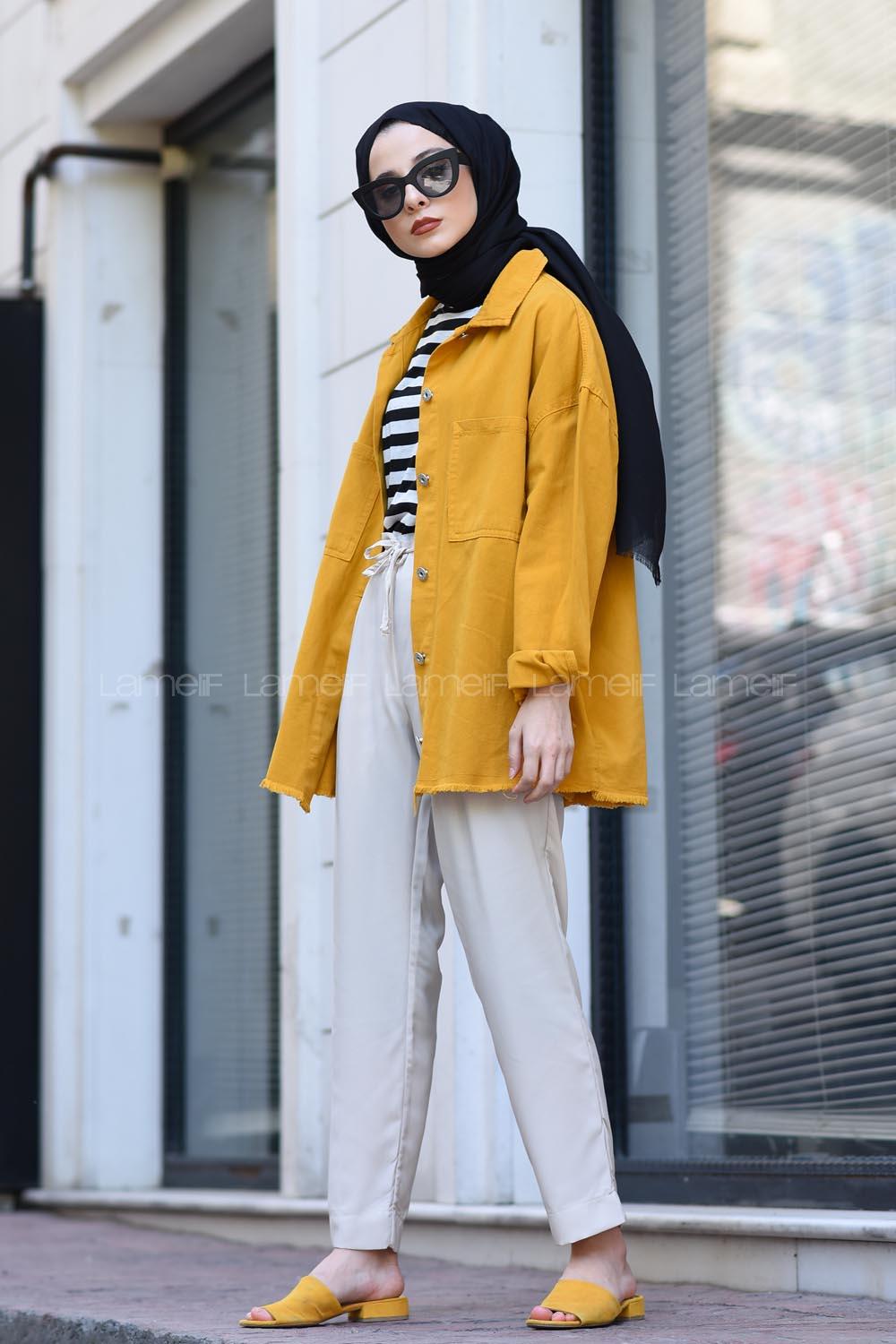 Modalamelif Arkası Zincirli Kot Ceket Hardal