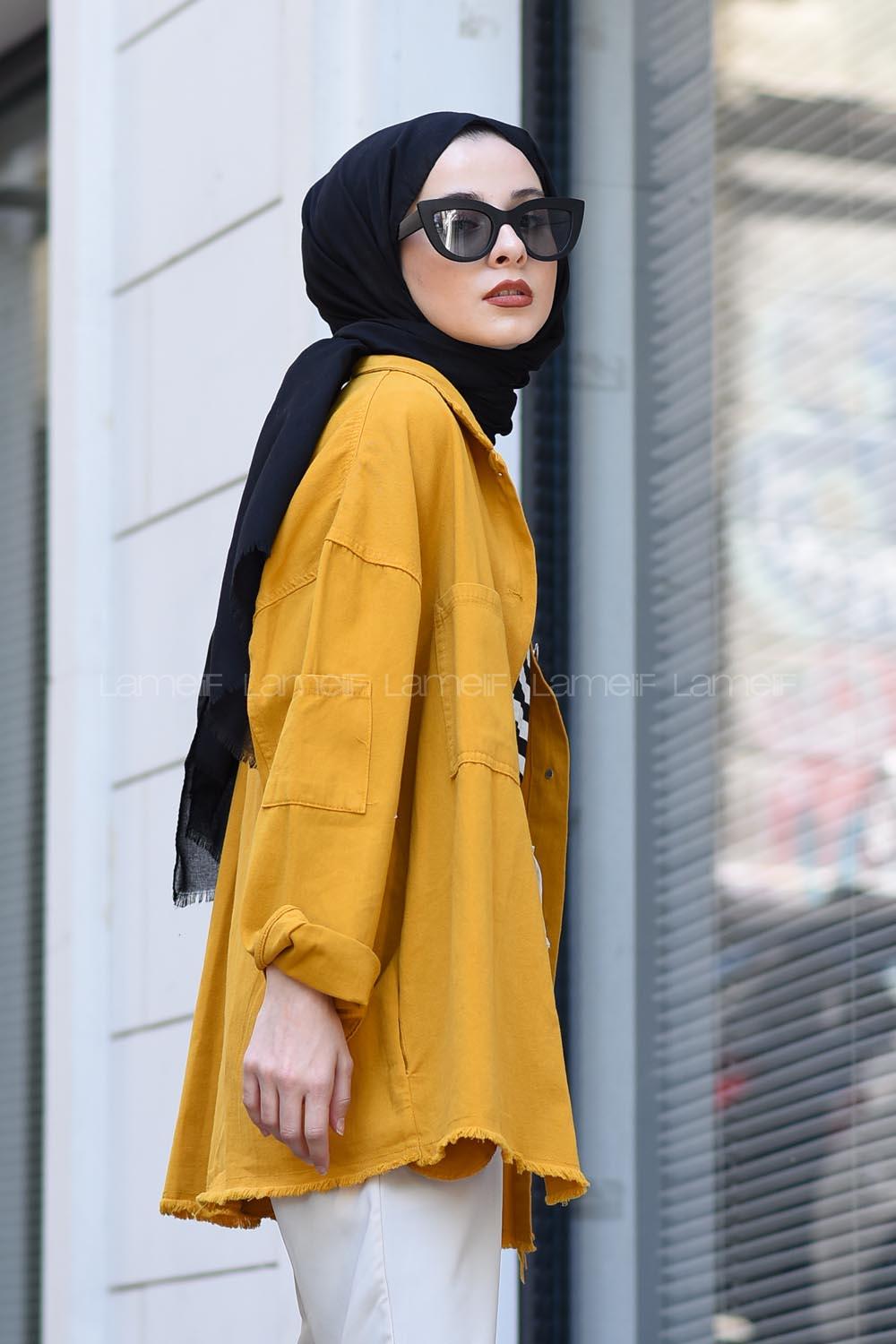 Modalamelif Arkası Zincirli Kot Ceket Hardal