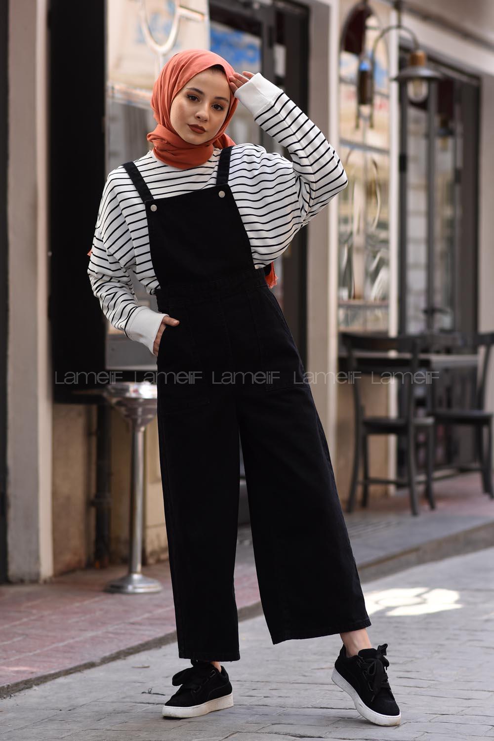 Lamelif Askılı Kot Tulum Siyah