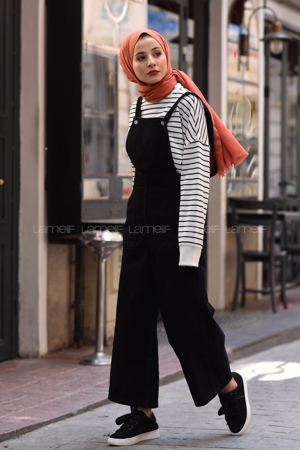 Lamelif Askılı Kot Tulum Siyah