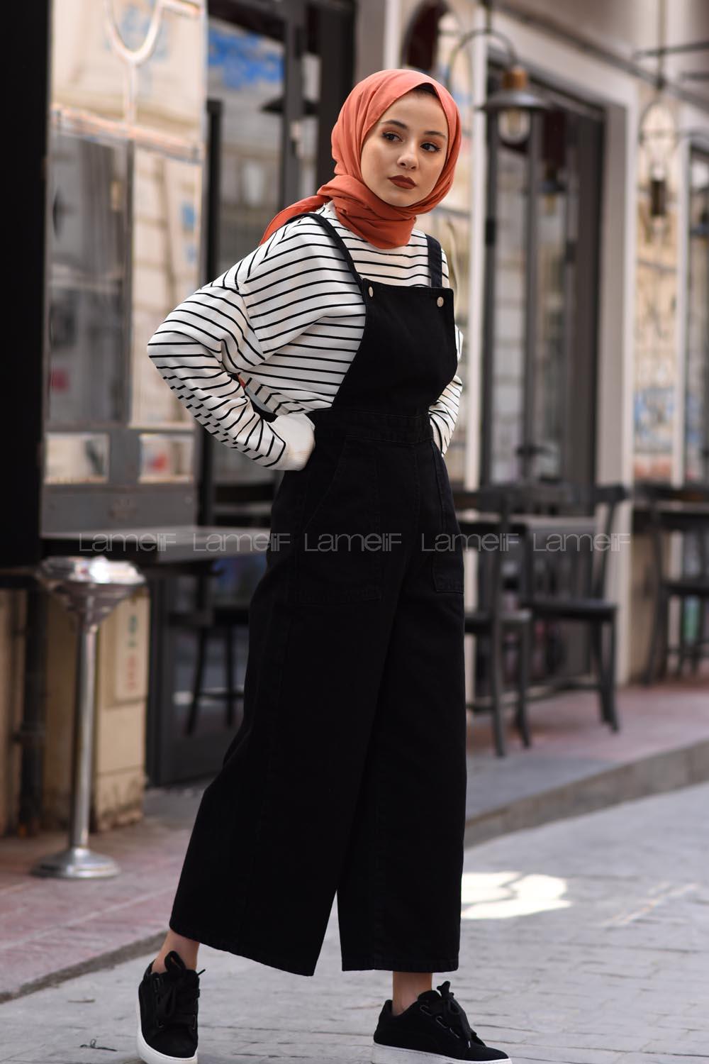 Lamelif Askılı Kot Tulum Siyah