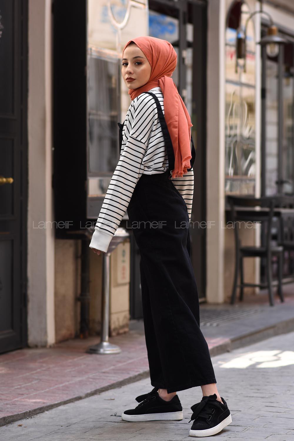 Lamelif Askılı Kot Tulum Siyah