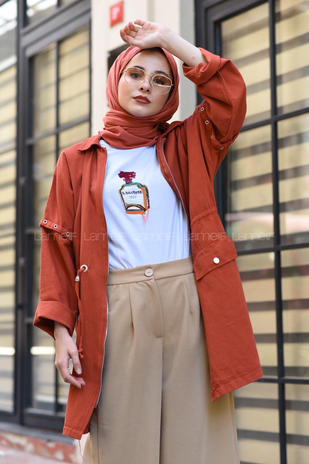 Modalamelif Bağcıklı Kuş Gözü Love Ceket Kiremit