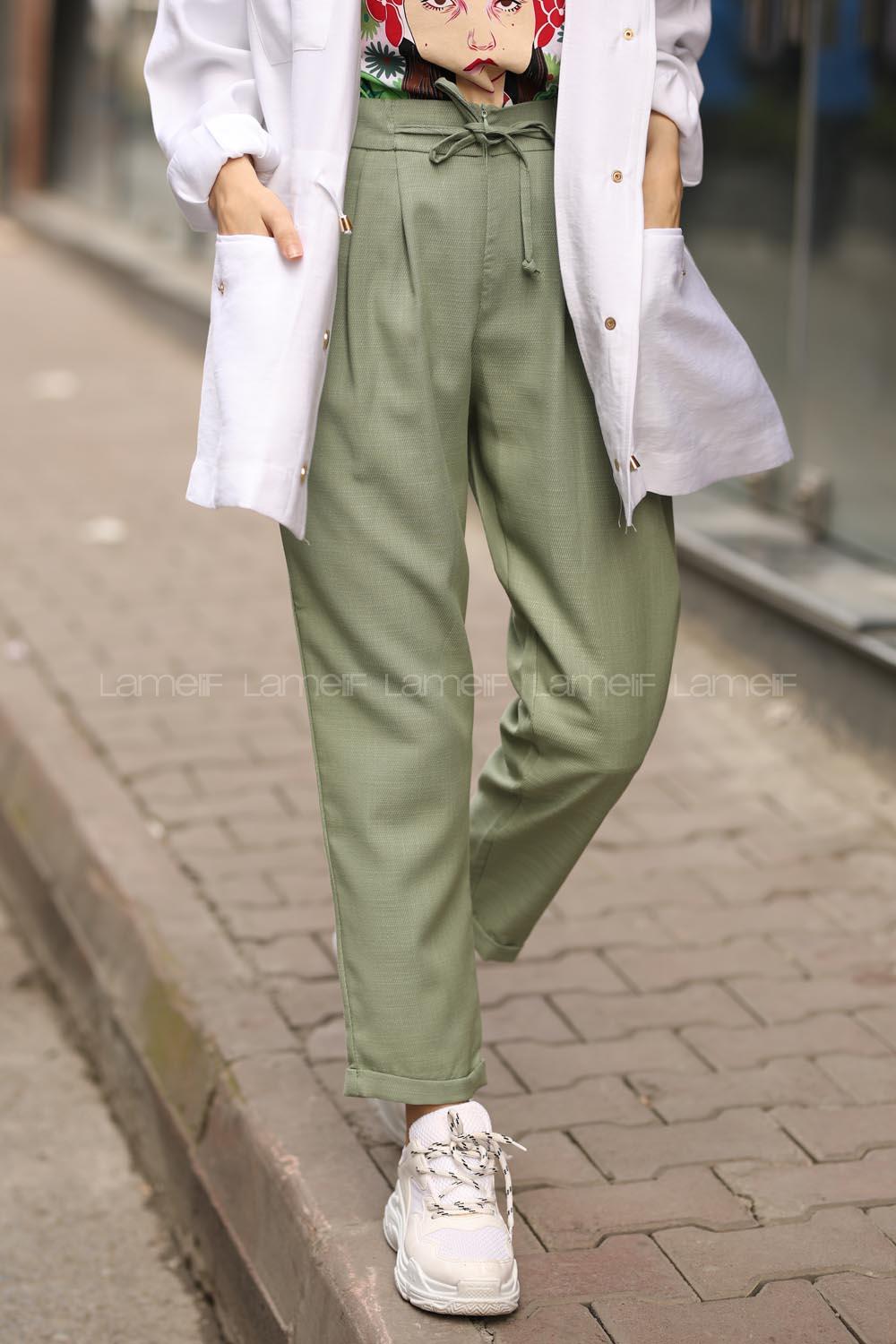 Modalamelif Haki Ön Kuş Gözü Bağcıklı Pantolon