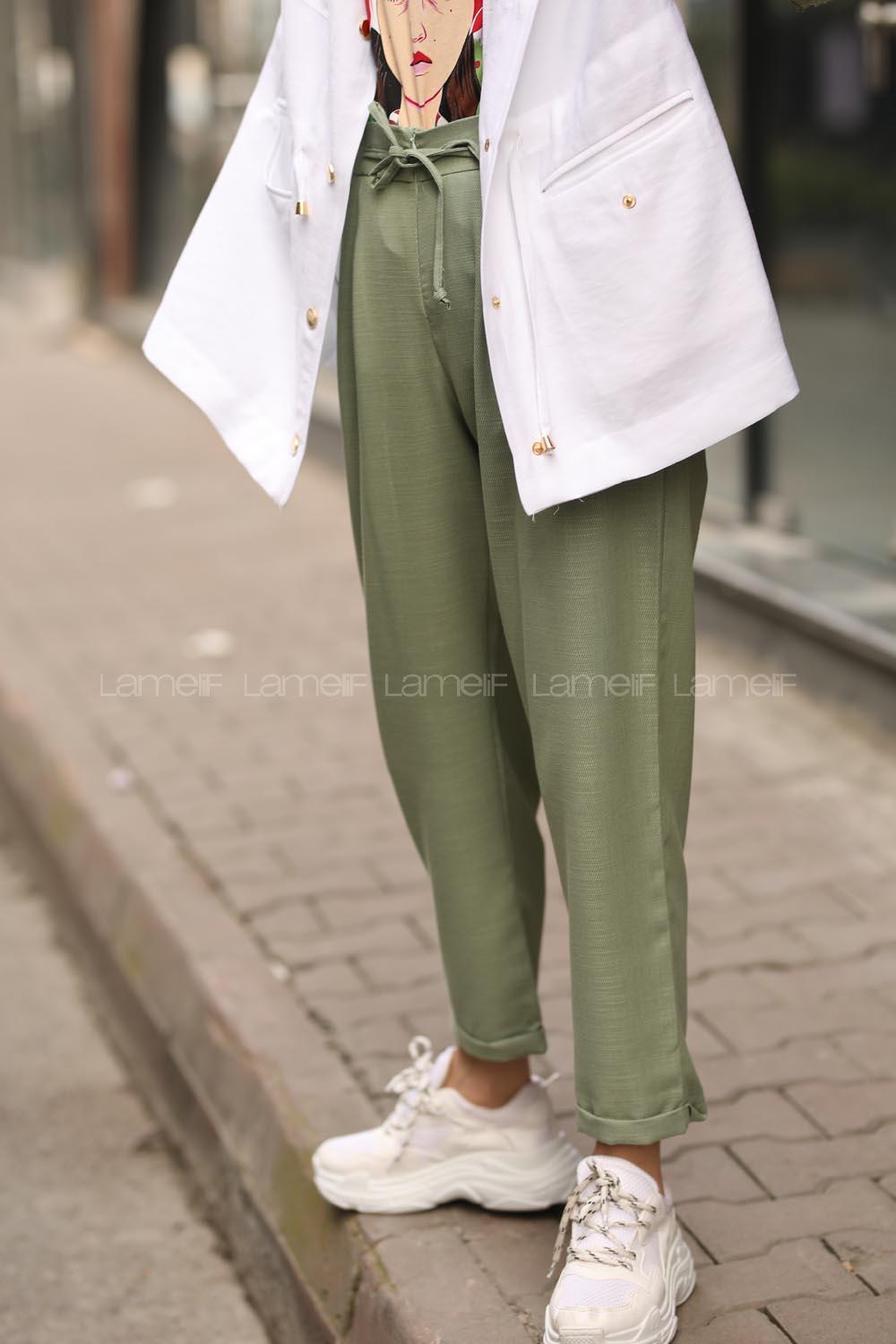 Modalamelif Haki Ön Kuş Gözü Bağcıklı Pantolon