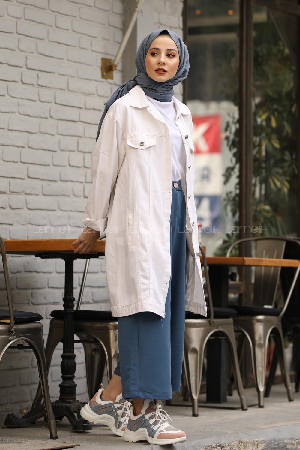 Modalamelif Baskılı Kot Ceket Beyaz