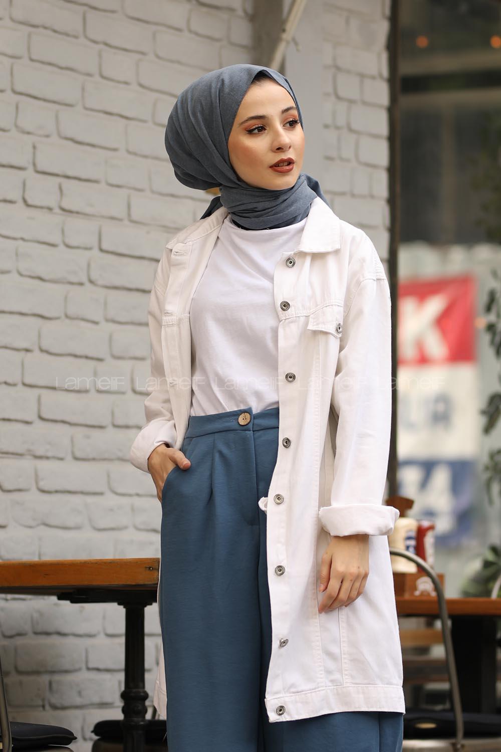 Modalamelif Baskılı Kot Ceket Beyaz