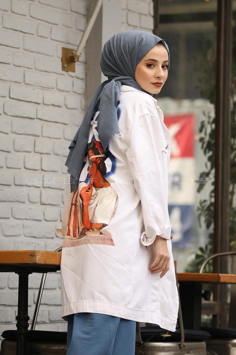 Modalamelif Baskılı Kot Ceket Beyaz