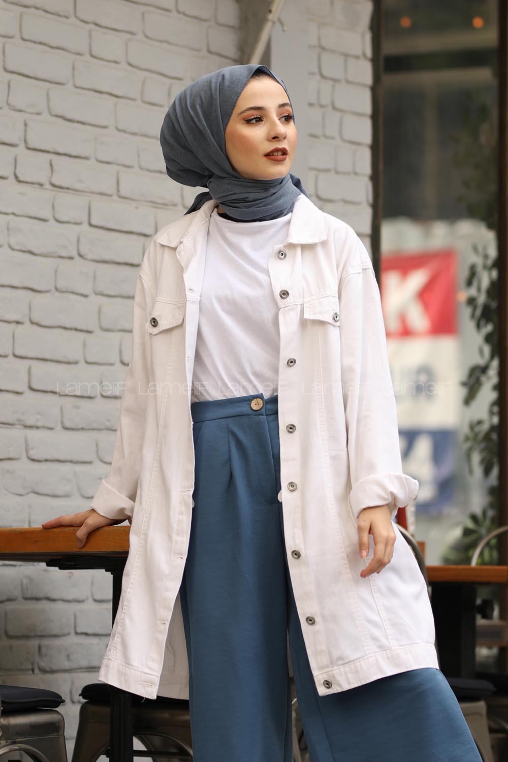 Modalamelif Baskılı Kot Ceket Beyaz