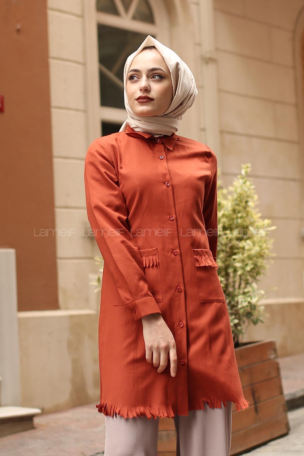 Modalamelif Püsküllü Cepli Uzun Gömlek Kiremit