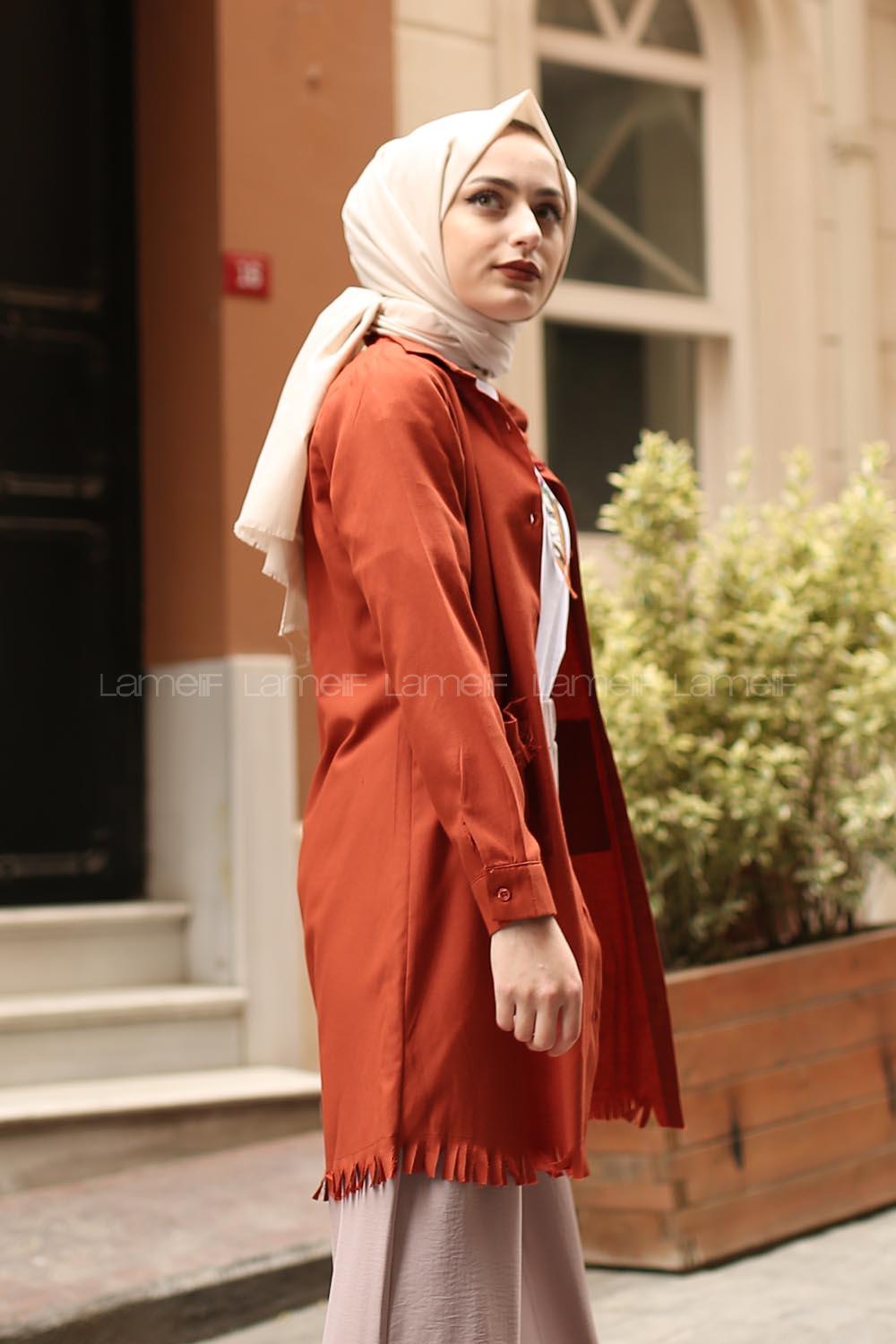 Modalamelif Püsküllü Cepli Uzun Gömlek Kiremit