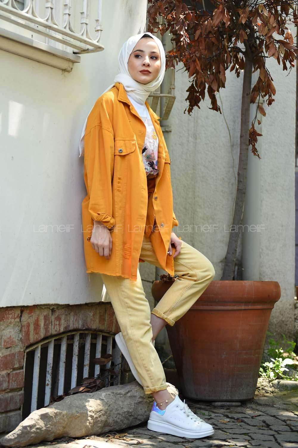 Modalamelif Yırtık Arkası Yazılı Model Kot Ceket Hardal