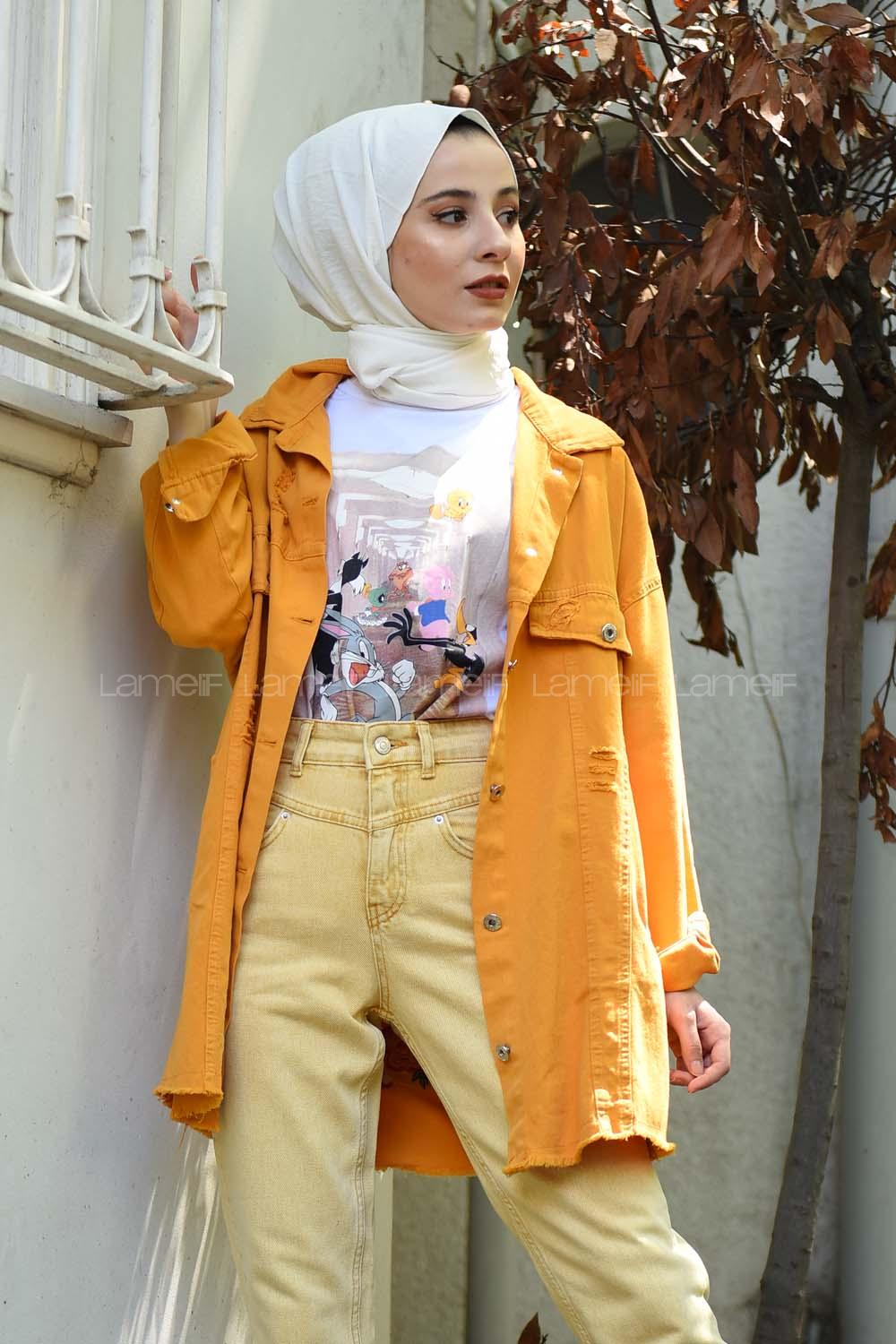 Modalamelif Yırtık Arkası Yazılı Model Kot Ceket Hardal