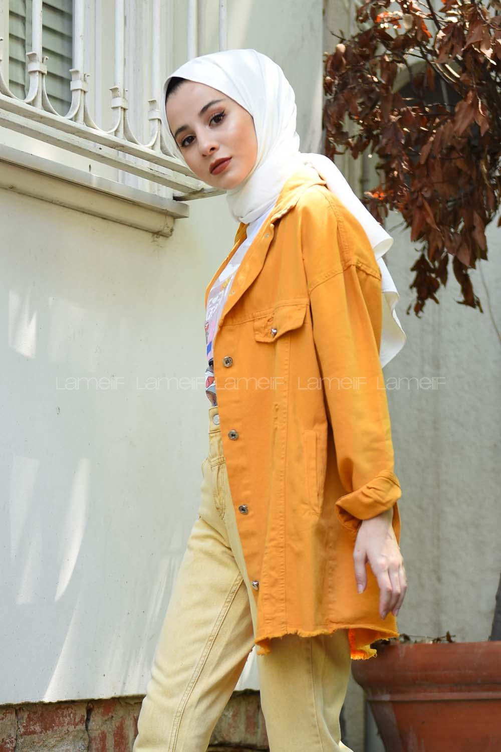 Modalamelif Yırtık Arkası Yazılı Model Kot Ceket Hardal