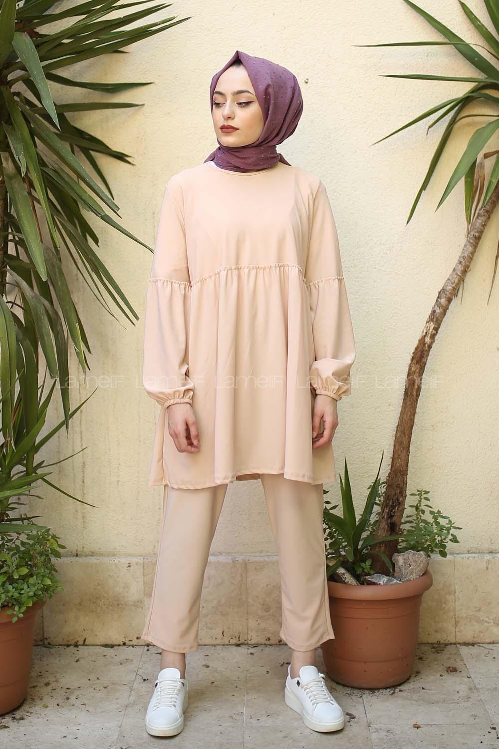 Modalamelif Balon Kol Fırfırlı Takım Krem