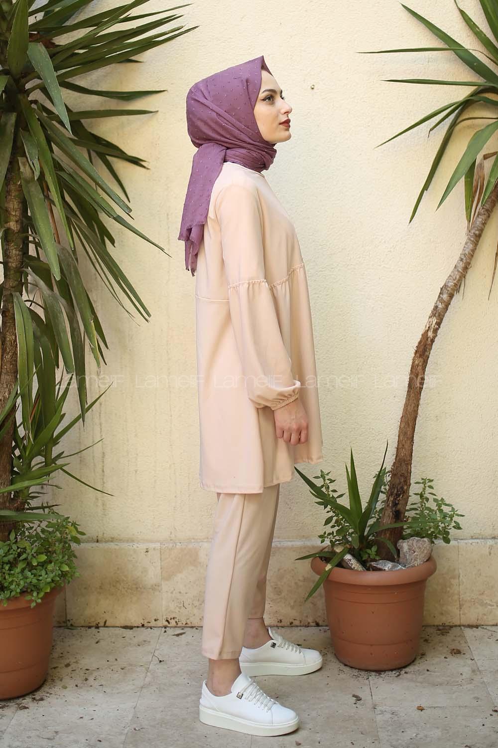 Modalamelif Balon Kol Fırfırlı Takım Krem