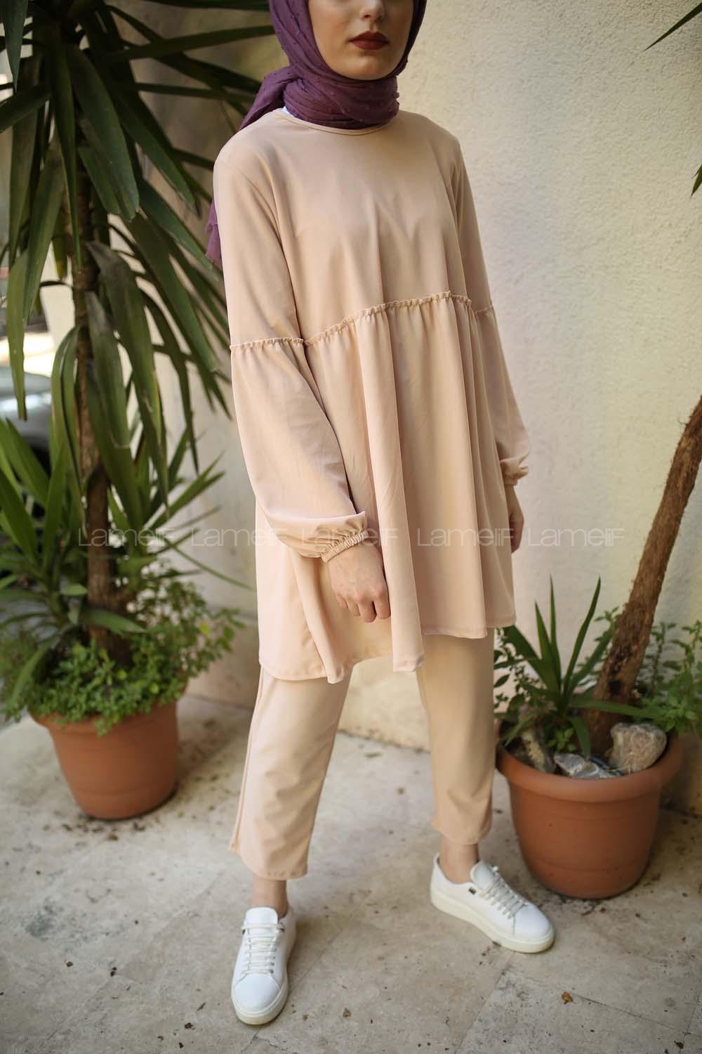 Modalamelif Balon Kol Fırfırlı Takım Krem