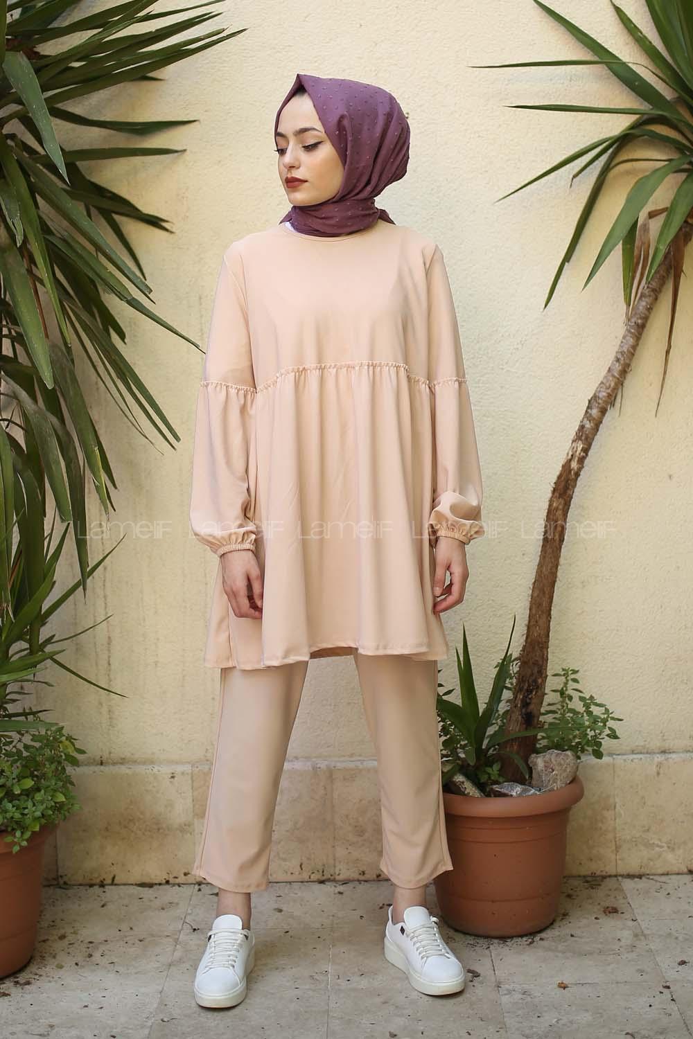 Modalamelif Balon Kol Fırfırlı Takım Krem