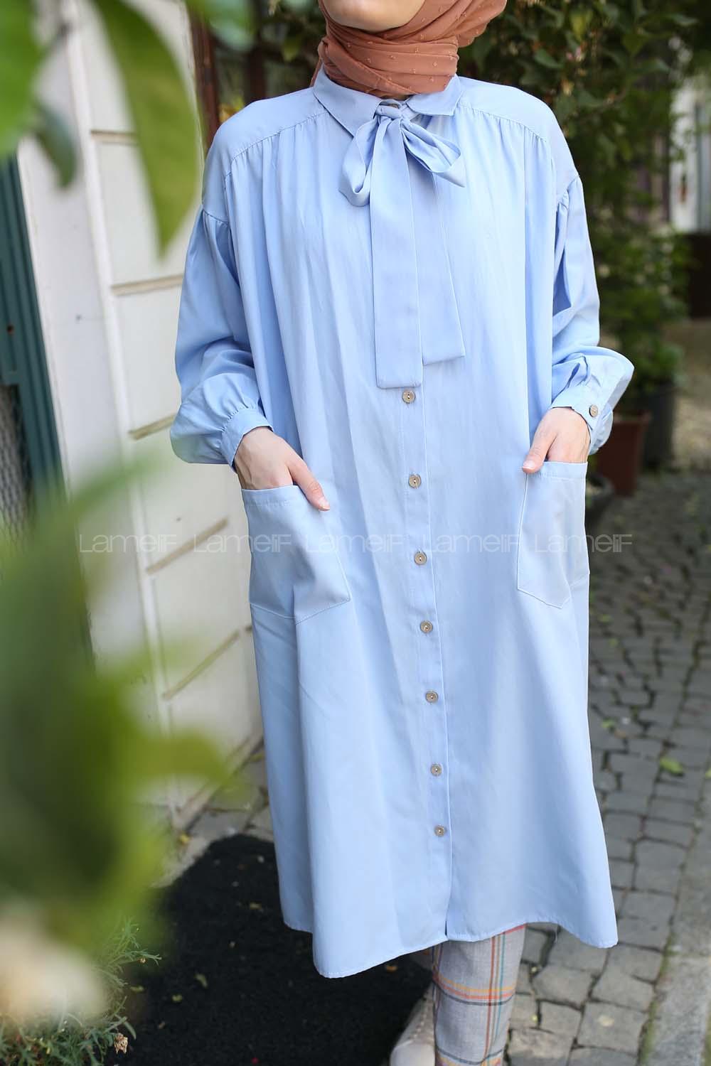 Modalamelif Fularlı Uzun Gömlek Mavi