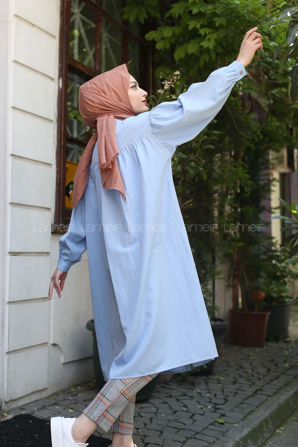 Modalamelif Fularlı Uzun Gömlek Mavi