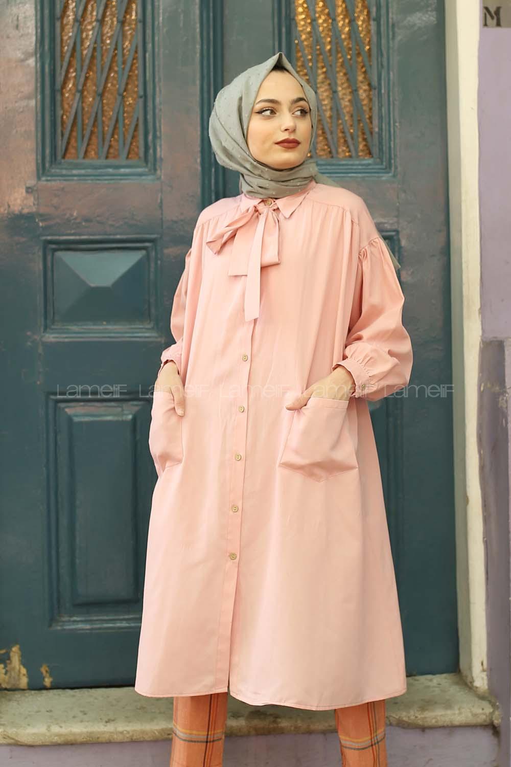 Modalamelif Fularlı Uzun Gömlek Pudra