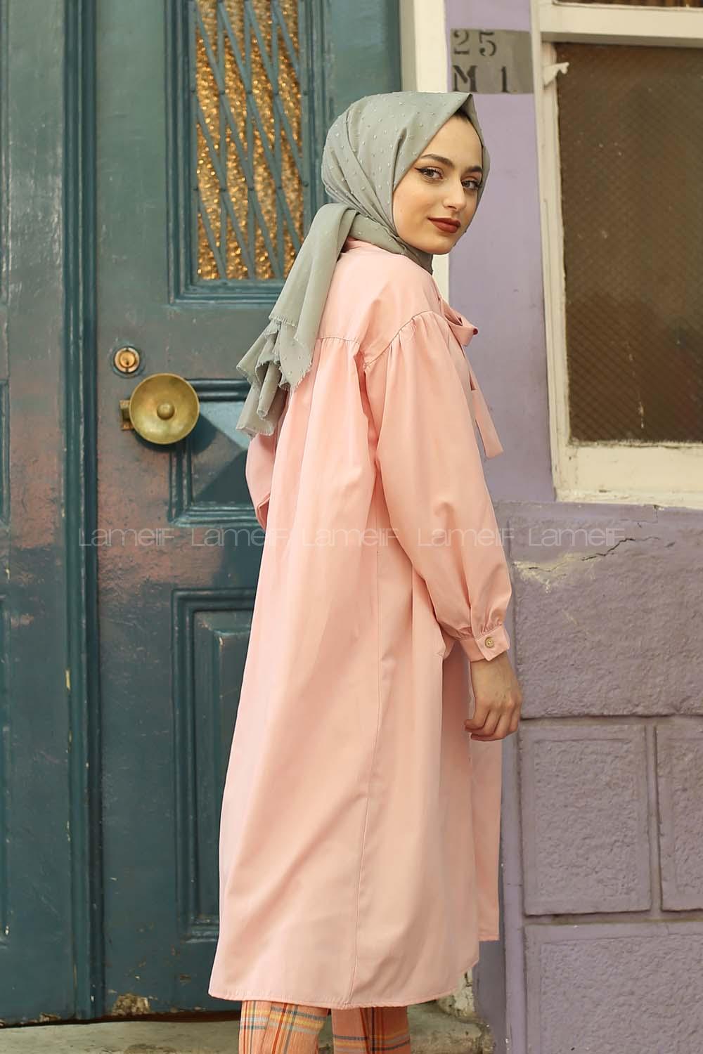 Modalamelif Fularlı Uzun Gömlek Pudra