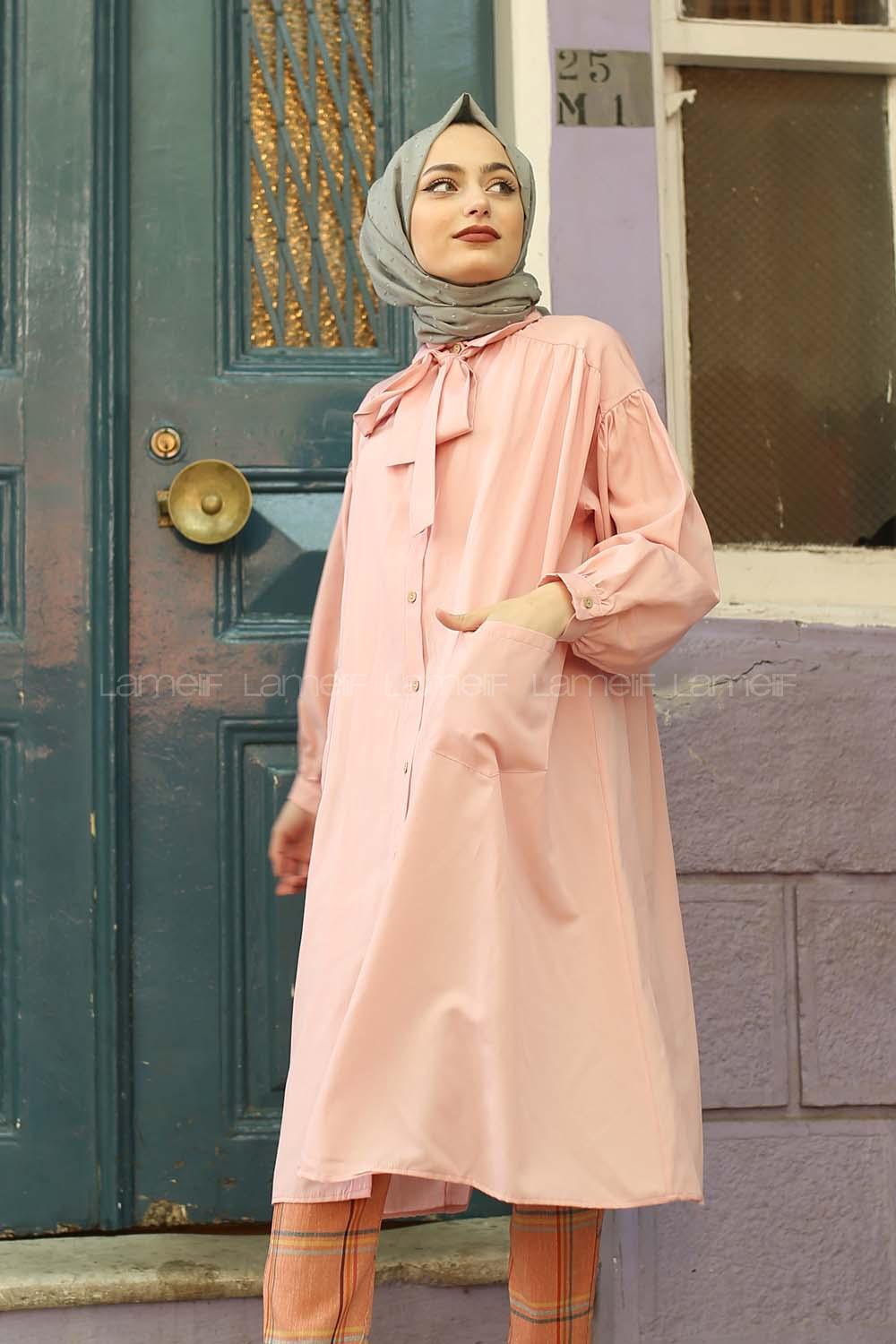 Modalamelif Fularlı Uzun Gömlek Pudra