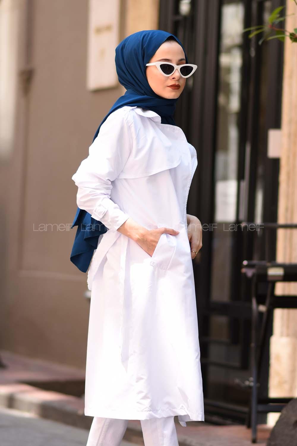 Modalamelif Beyaz Su Geçirmez Yazlık Trençkot