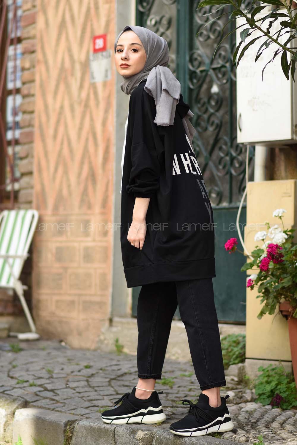 Modalamelif Salaş Kapşonlu Arka Yazılı Sweat Siyah