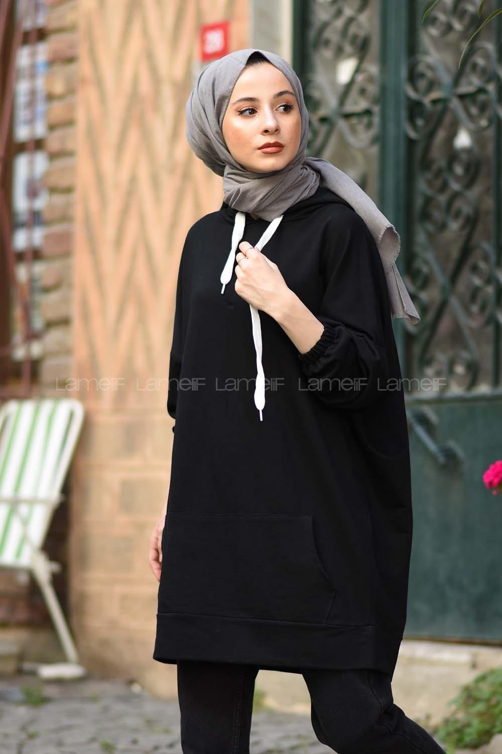 Modalamelif Salaş Kapşonlu Arka Yazılı Sweat Siyah