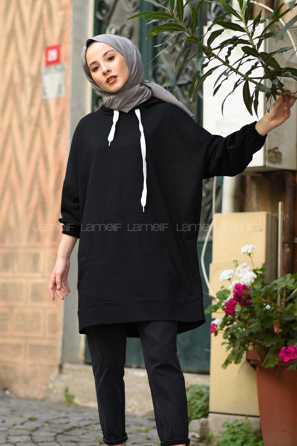 Modalamelif Salaş Kapşonlu Arka Yazılı Sweat Siyah